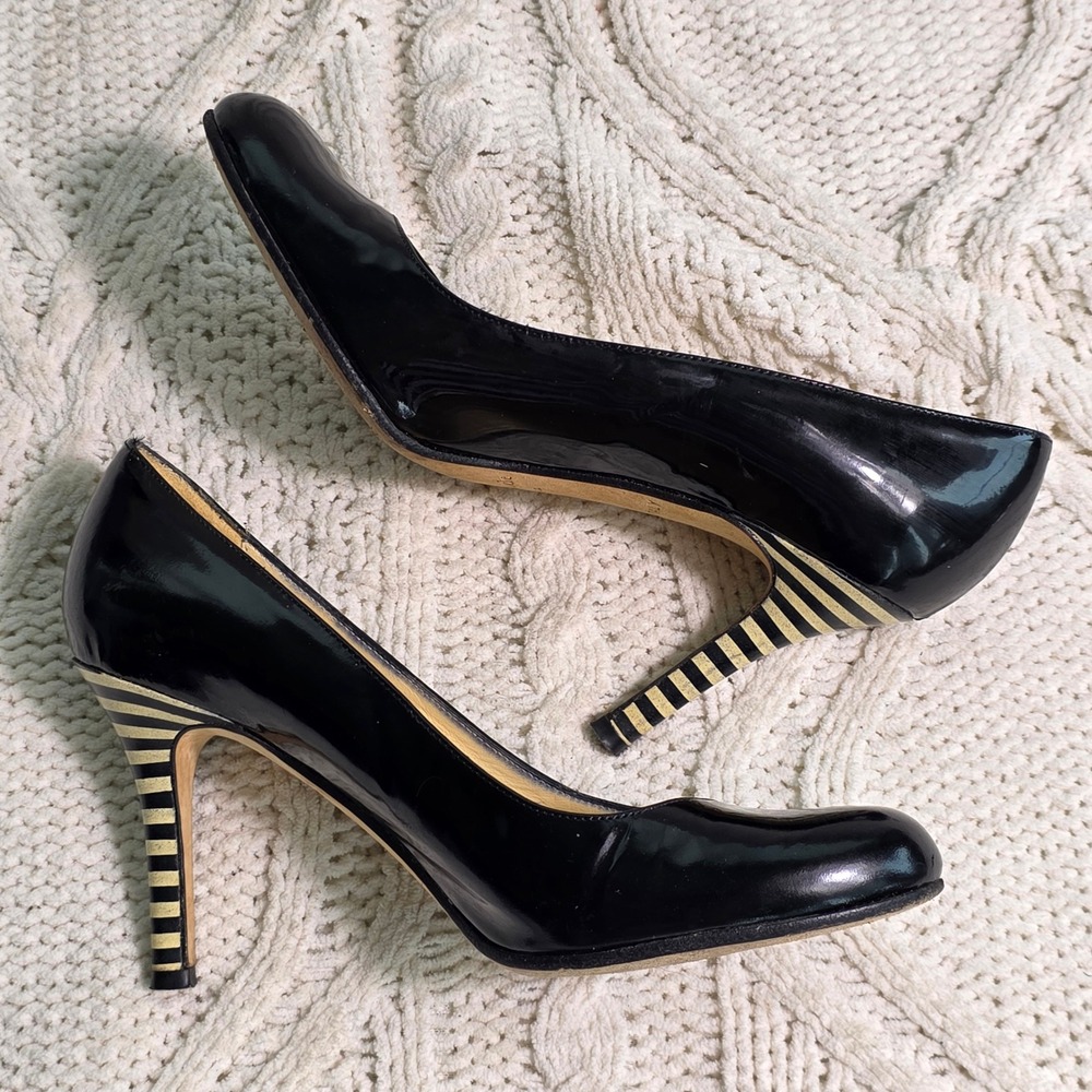 VTG Kate Spade Pump Black Patent Italian Leather Heels Striped Heel Womens 6.5
